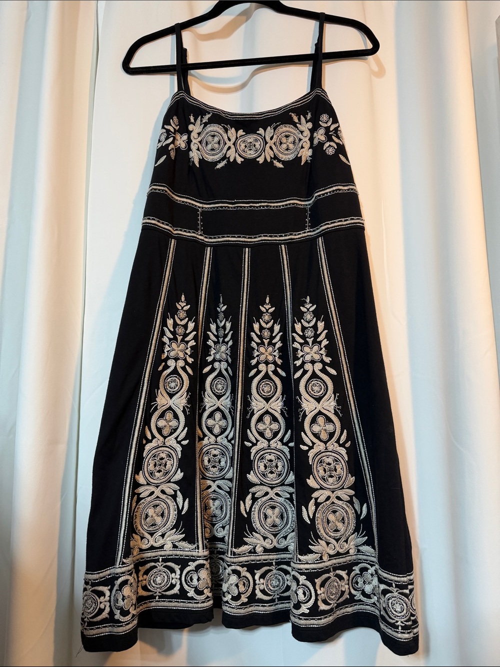 Y2K Fairy Grunge Embroidered Beaded Fit & Flare Dress Black Cream Boho SZ L B13
